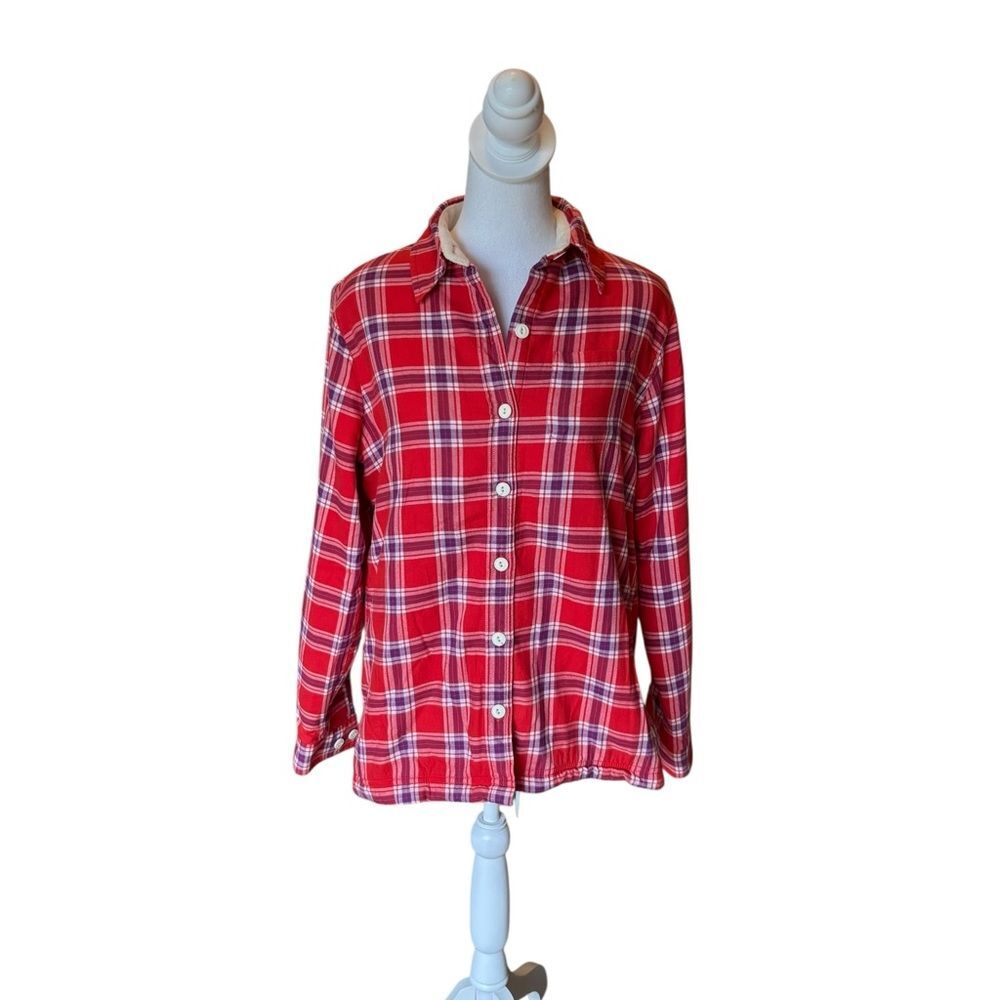 LL Bean Fleece Lined Flannel Shirt Jacket Button Front Plaid Red White Womens XS